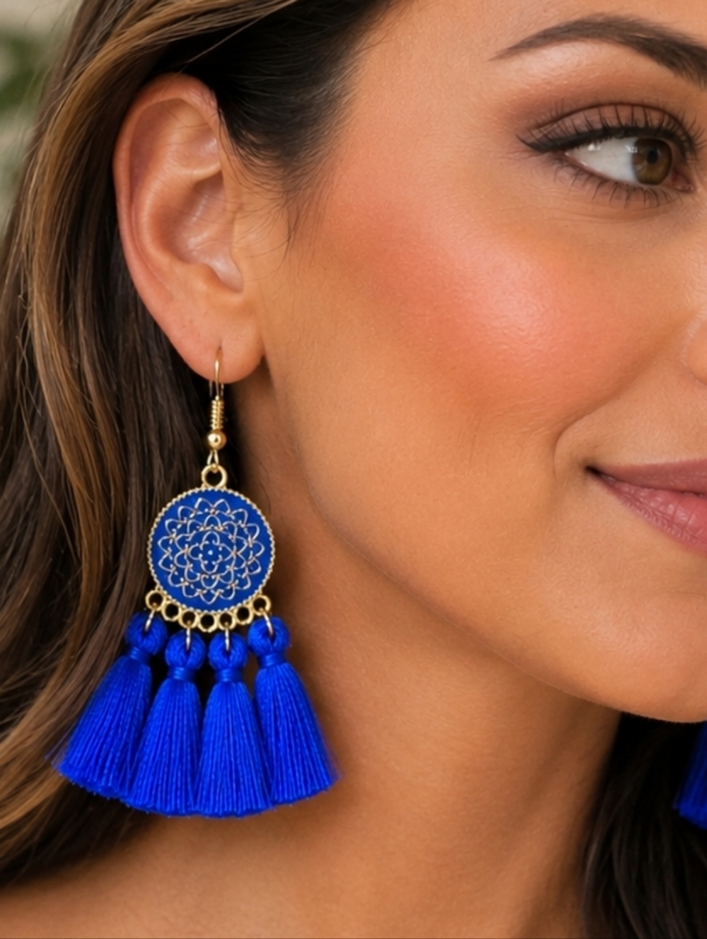 Royal Blue Tassel Statement Earrings Gold Tone Boho Fringe Dangle Earrings